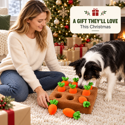 Dog exploring a carrot snuffle mat beside its owner at Christmas
