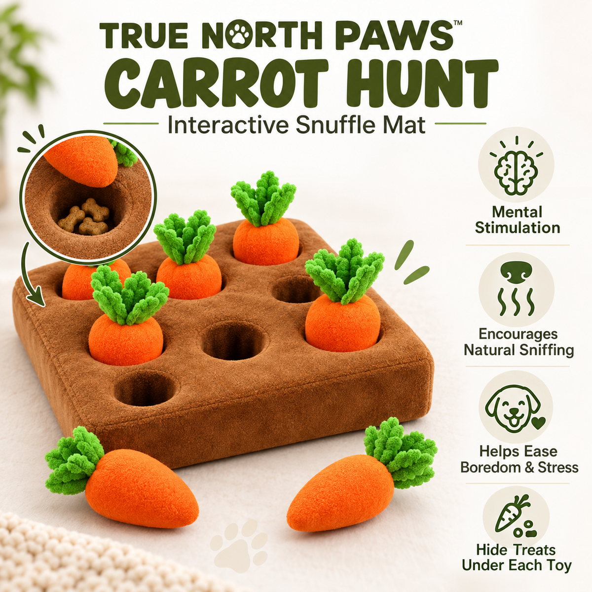 True North Paws Carrot Hunt snuffle mat with removable carrots and hidden treats