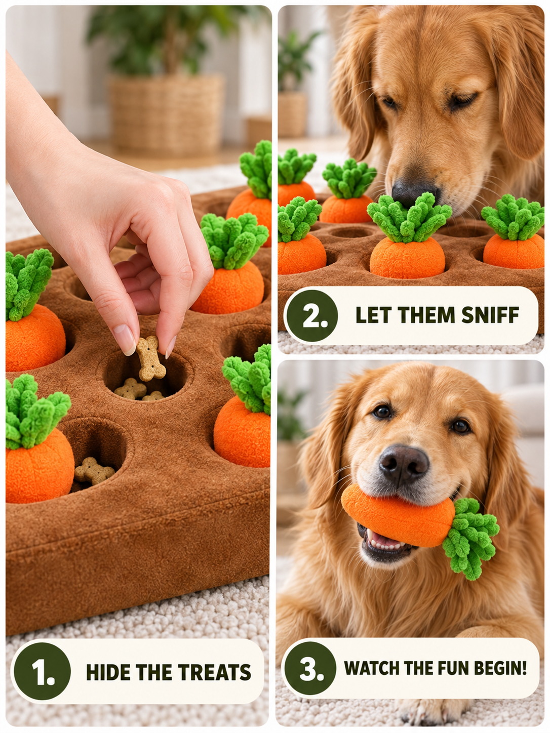 How to use the carrot snuffle mat: hide treats and let your dog sniff them out
