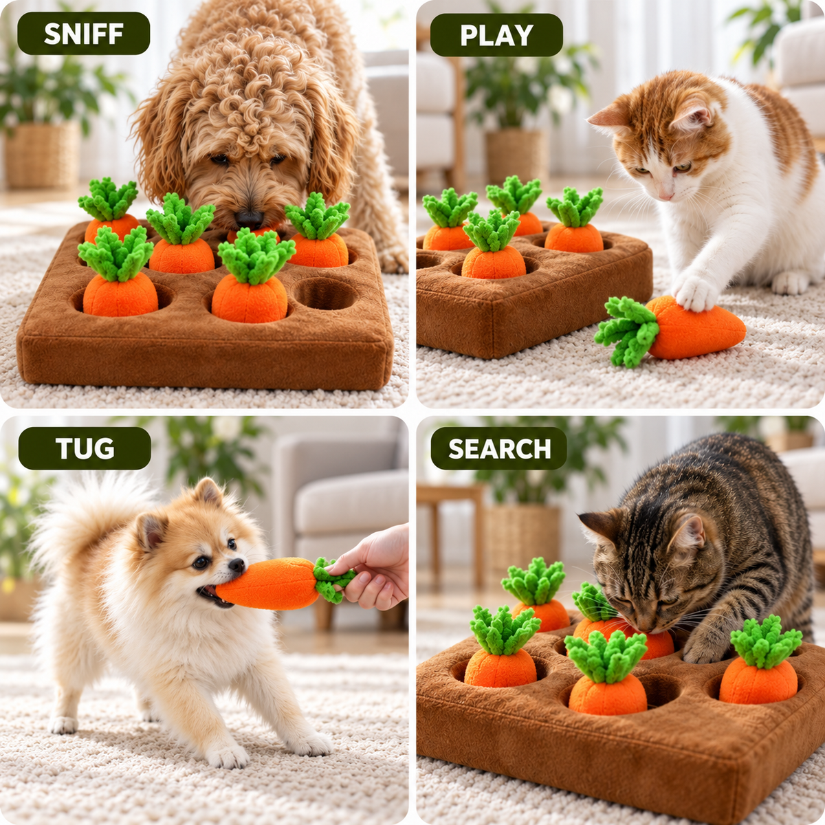 Dogs and cats exploring the carrot snuffle mat and removable plush carrots