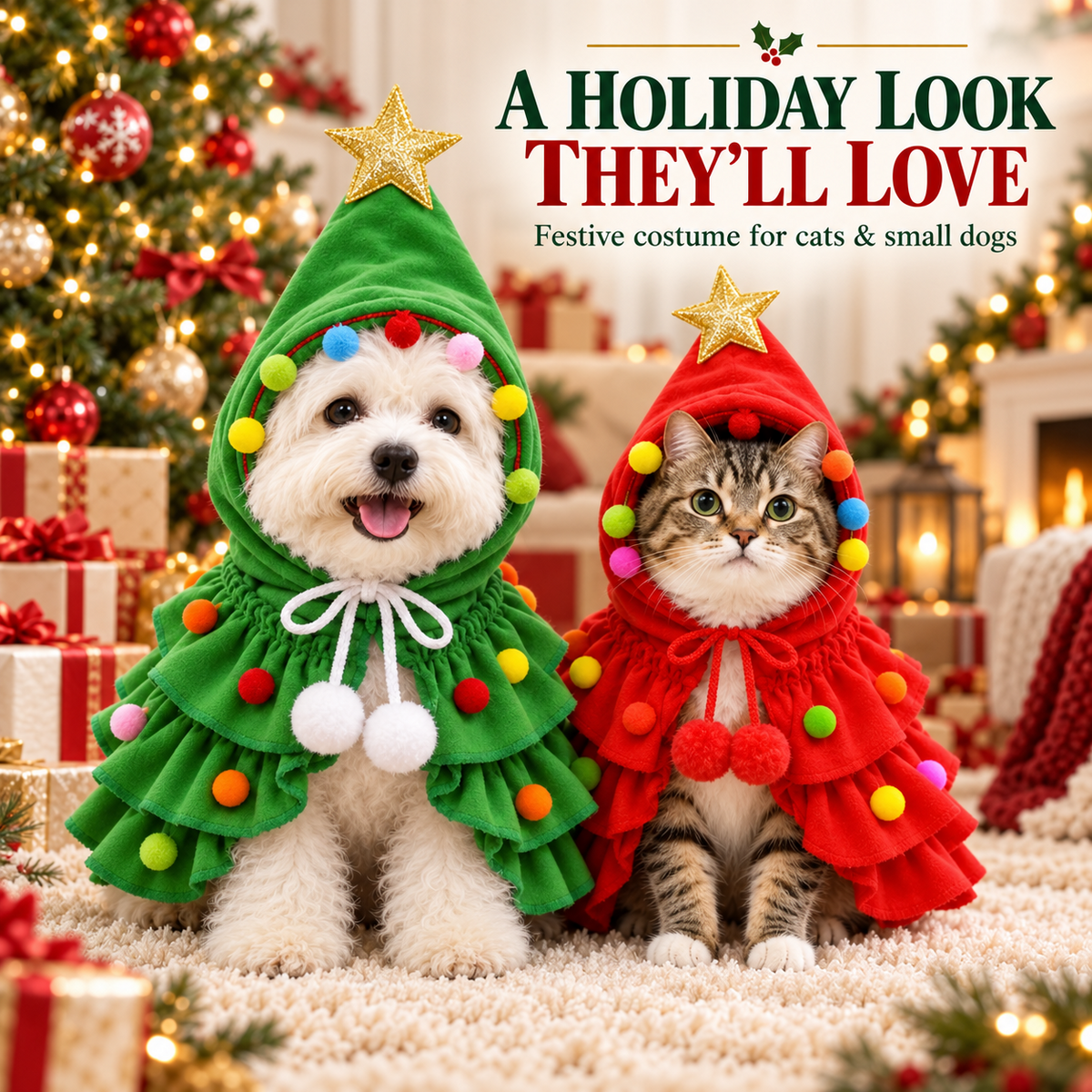 Dog and cat modelling green and red Christmas tree pet costumes