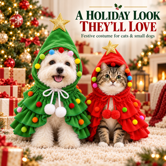 Dog and cat modelling green and red Christmas tree pet costumes
