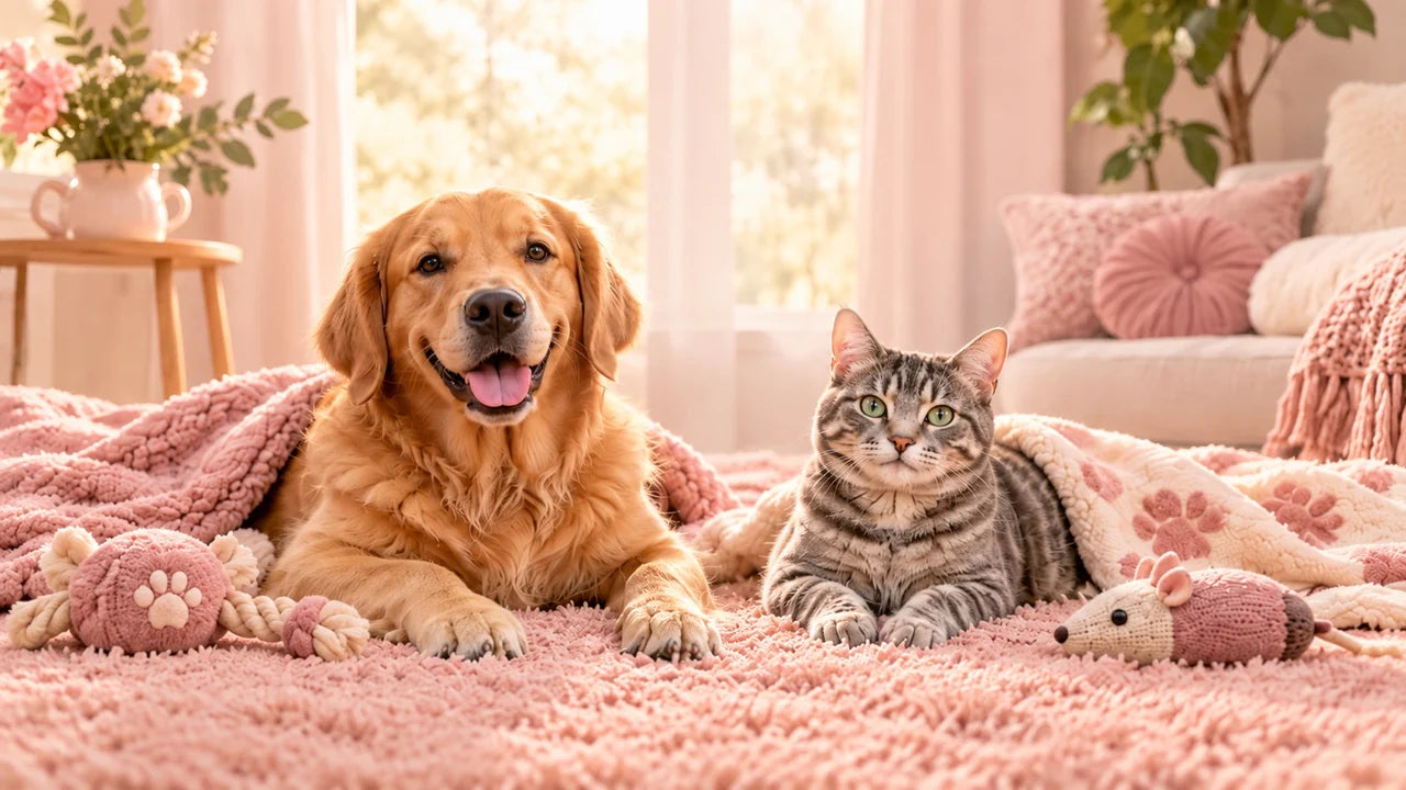 Un golden retriever et un chat tigré ensemble sur un tapis rose poudré.