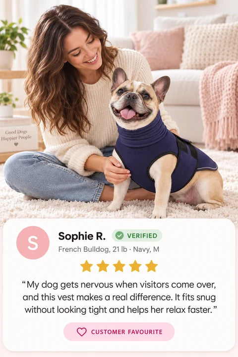Review by Sophie R.: My dog gets nervous when visitors come over, and this vest makes a real difference. It fits snug without looking tight and helps her relax faster.
