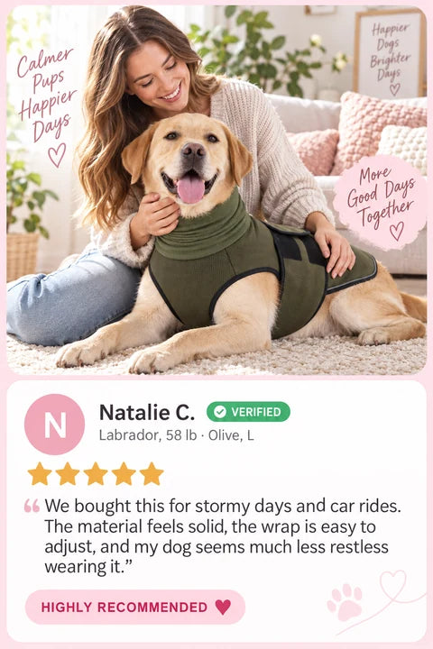 Review by Natalie C.: We bought this for stormy days and car rides. The material feels solid, the wrap is easy to adjust, and my dog seems much less restless wearing it.