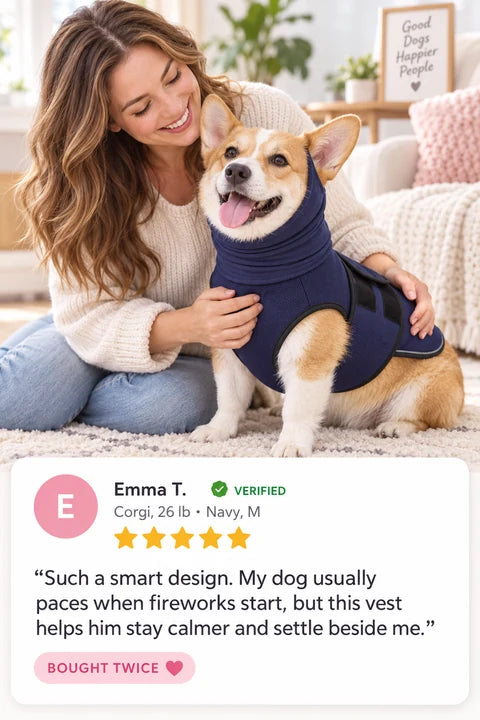 Review by Emma T.: Such a smart design. My dog usually paces when fireworks start, but this vest helps him stay calmer and settle beside me.