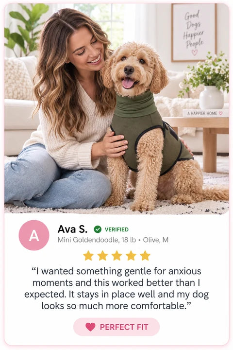 Review by Ava S.: I wanted something gentle for anxious moments and this worked better than I expected. It stays in place well and my dog looks so much more comfortable.