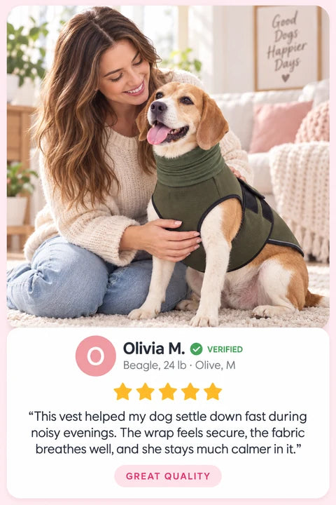 Review by Olivia M.: This vest helped my dog settle down fast during noisy evenings. The wrap feels secure, the fabric breathes well, and she stays much calmer in it.
