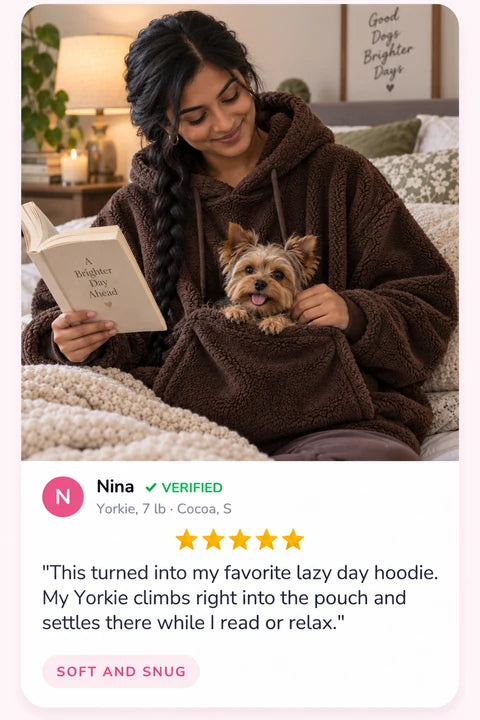 Review by Nina: This turned into my favorite lazy day hoodie. My Yorkie climbs right into the pouch and settles there while I read or relax.