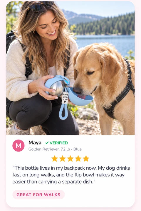 Review by Maya: This bottle lives in my backpack now. My dog drinks fast on long walks, and the flip bowl makes it way easier than carrying a separate dish.