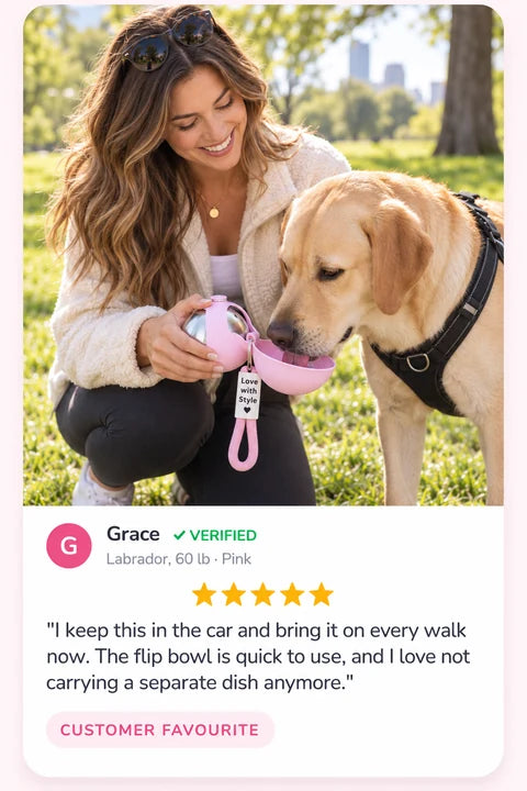 Review by Grace: I keep this in the car and bring it on every walk now. The flip bowl is quick to use, and I love not carrying a separate dish anymore.