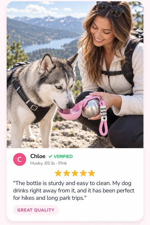 Review by Chloe: The bottle is sturdy and easy to clean. My dog drinks right away from it, and it has been perfect for hikes and long park trips.