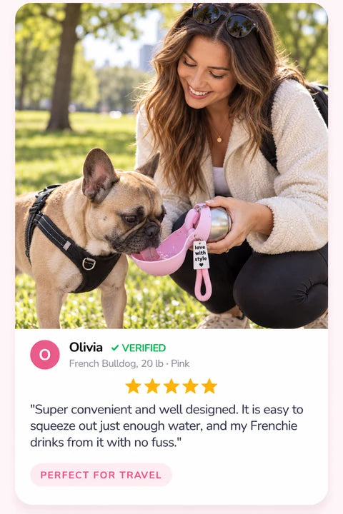 Review by Olivia: Super convenient and well designed. It is easy to squeeze out just enough water, and my Frenchie drinks from it with no fuss.