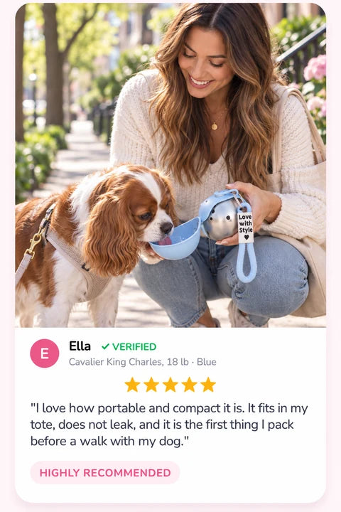 Review by Ella: I love how portable and compact it is. It fits in my tote, does not leak, and it is the first thing I pack before a walk with my dog.
