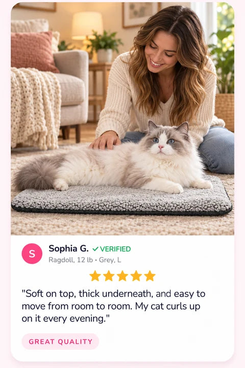 Review by Sophia G.: Soft on top, thick underneath, and easy to move from room to room. My cat curls up on it every evening.