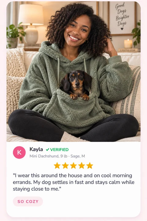 Review by Kayla: I wear this around the house and on cool morning errands. My dog settles in fast and stays calm while staying close to me.