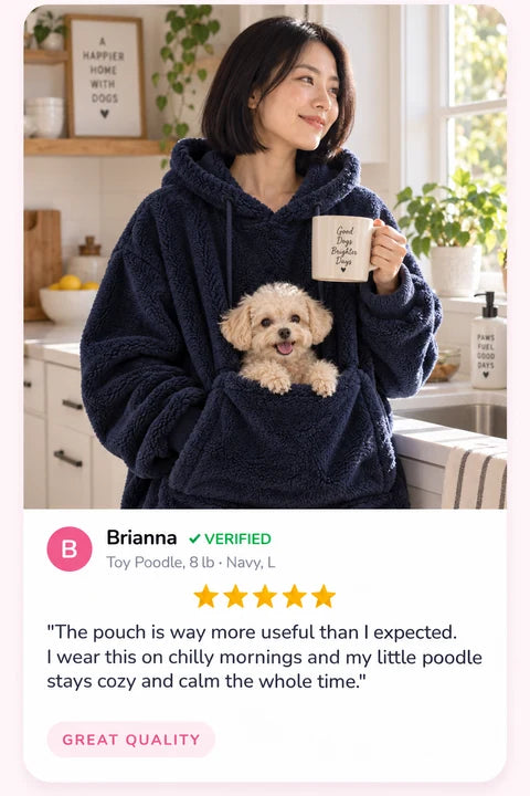 Review by Brianna: The pouch is way more useful than I expected. I wear this on chilly mornings and my little poodle stays cozy and calm the whole time.