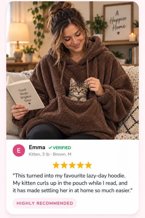 Review by Emma: This turned into my favourite lazy-day hoodie. My kitten curls up in the pouch while I read, and it has made settling her in at home so much easier.